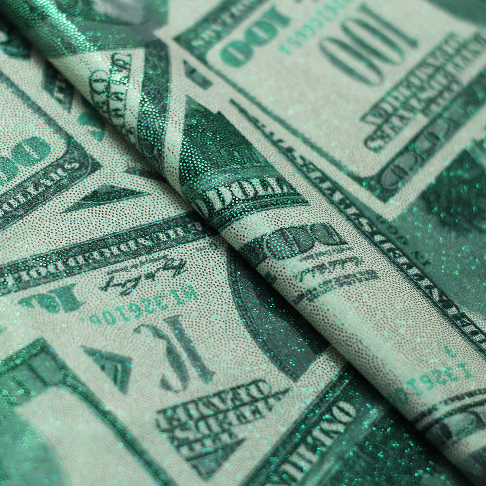Benjamin Polyester Spandex Fabric - White/Green Money Print, 58/60" Width (1 Yard)