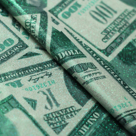 Benjamin Polyester Spandex Fabric - White/Green Money Print, 58/60" Width (1 Yard)