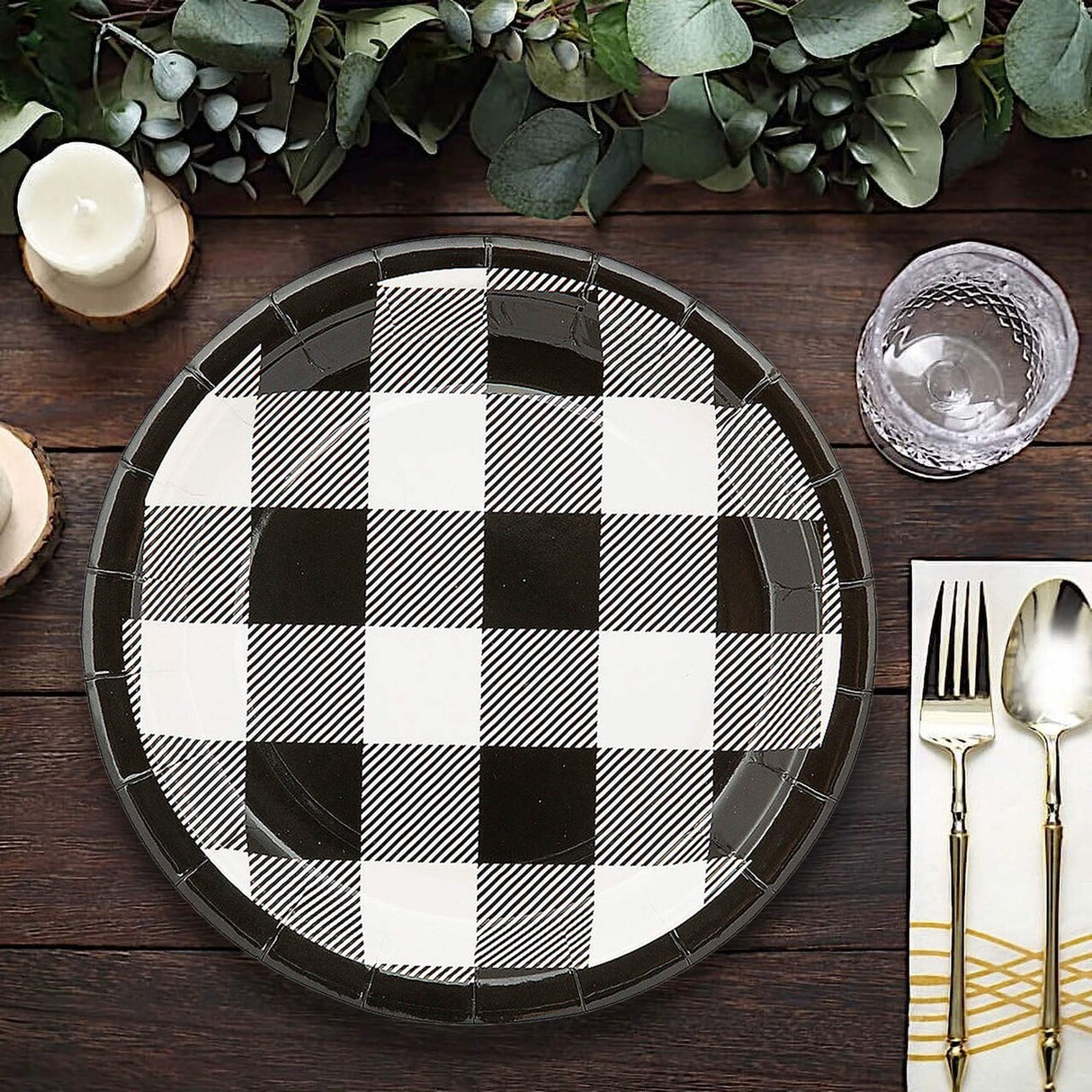 8 Ct. Black & White Buffalo Check Paper Dessert Plates Stylish 7 1/4" Party Set