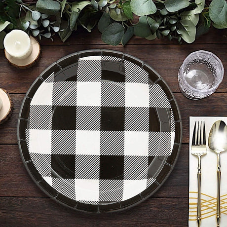8 Ct. Black & White Buffalo Check Paper Dessert Plates Stylish 7 1/4" Party Set