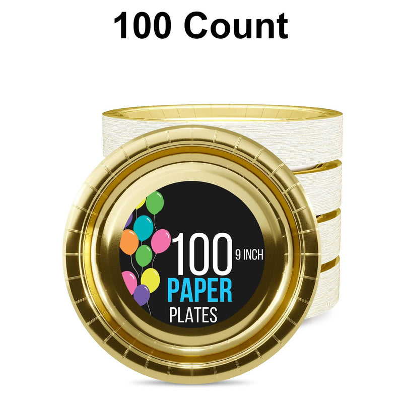 100 Count Reflective Gold Paper Plates Elegant Disposable Dinnerware for Weddings and Parties 9 Inch