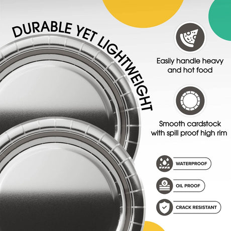 100 Count Reflective Silver Paper Plates Elegant Disposable Party Dinnerware for Weddings and Events 9 Inch