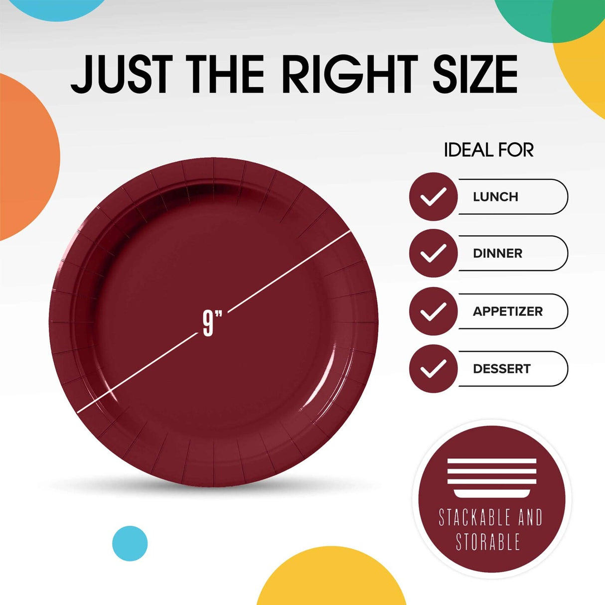 50 Count Burgundy Paper Plates 9 Inch Elegant Disposable Dinnerware for Parties and Events