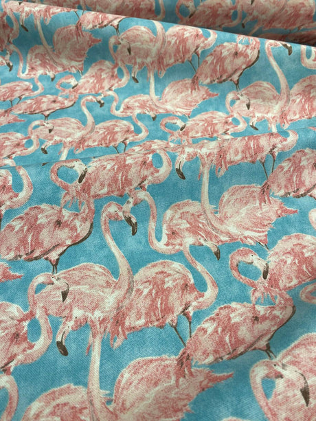 Waverly Flamingo Beach Social Tropics Blue Cotton Fabric - Pink Flamingo Print, 54" Width (1 Yard)