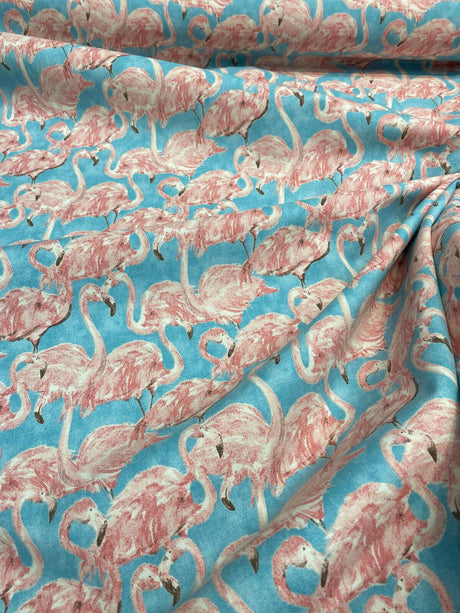 Waverly Flamingo Beach Social Tropics Blue Cotton Fabric - Pink Flamingo Print, 54" Width (1 Yard)