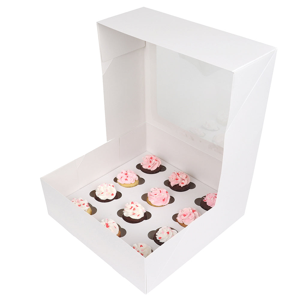 O'Creme White Window Cake Box with Cupcake Insert, 10" x 10" x 4" - Pack of 5