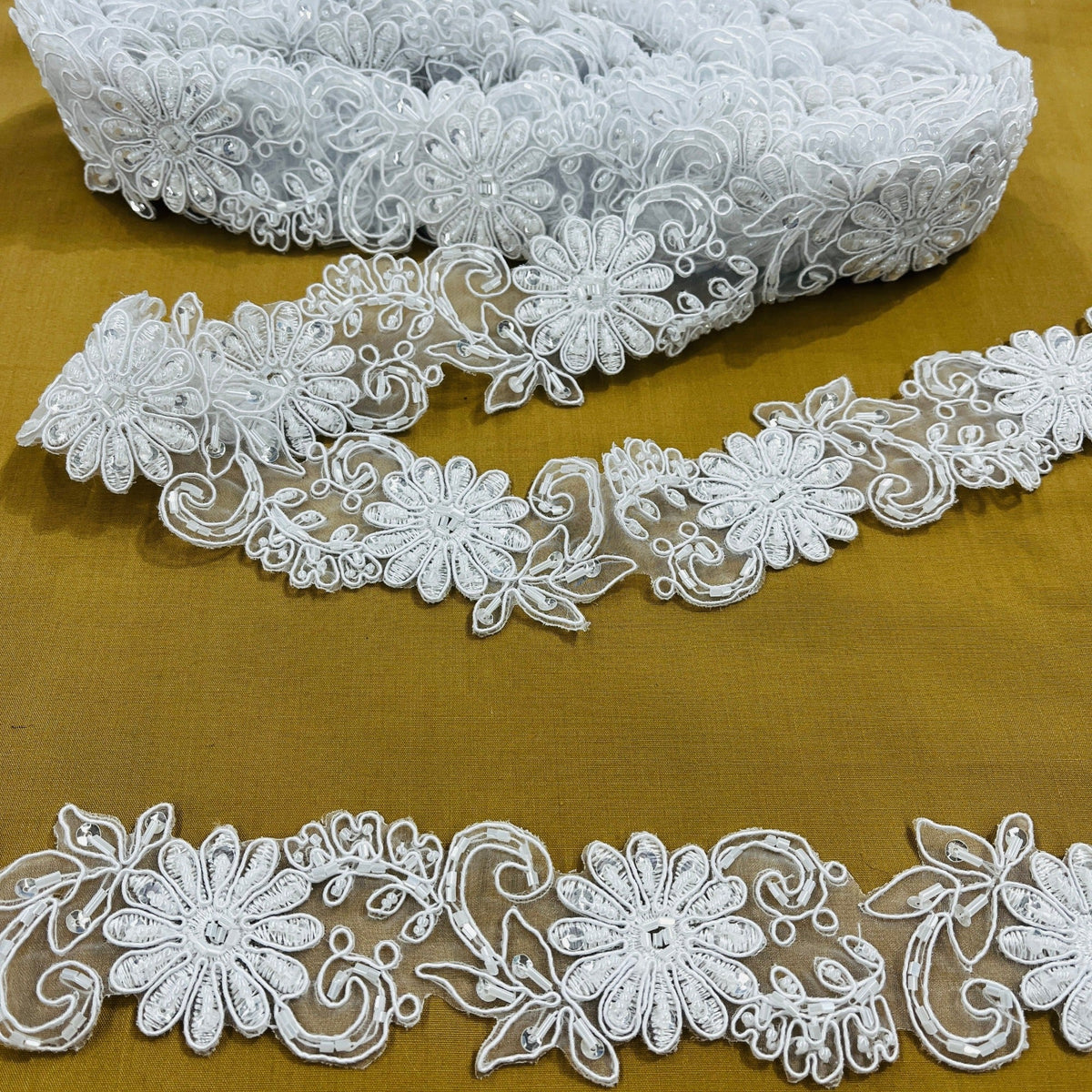 1 Yard Beaded & Corded Lace Trimming Embroidered on 100% Polyester Organza 2 Inches Wide