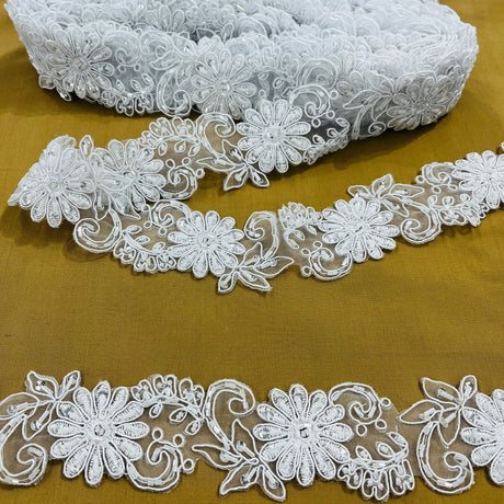 1 Yard Beaded & Corded Lace Trimming Embroidered on 100% Polyester Organza 2 Inches Wide