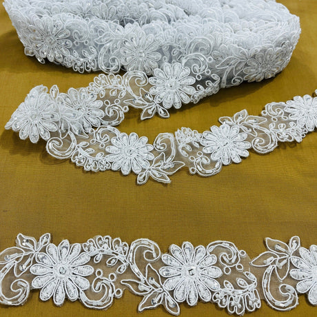 Beaded Corded Lace Trimming Polyester Organza Fabric - Embroidered, Black, White With Silver, White, Ivory, 2" Width (1 Yard)