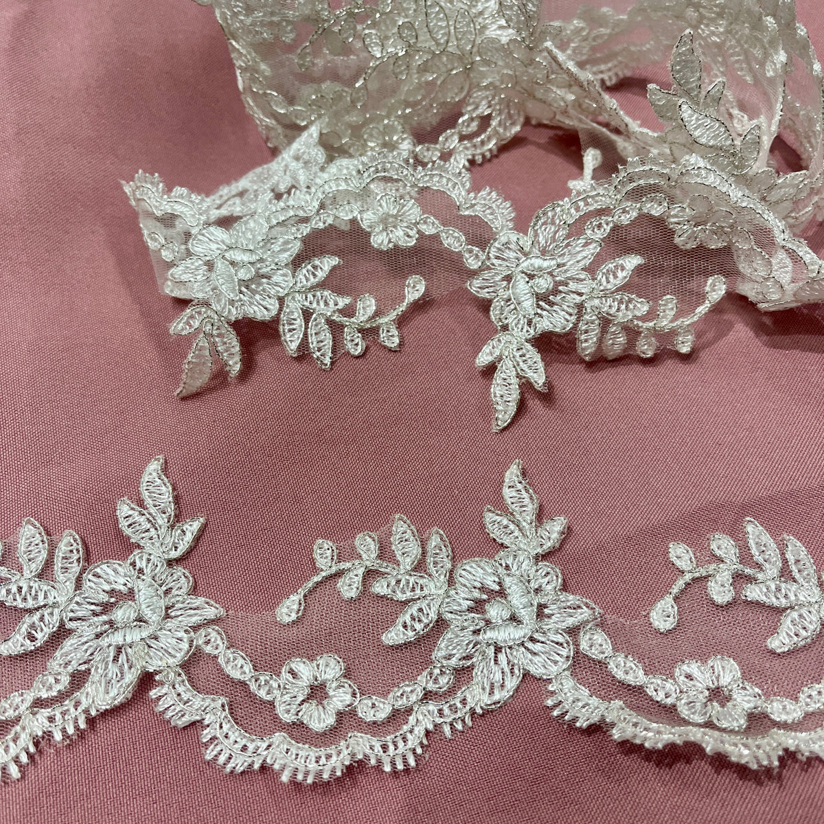 1 Yard Corded Lace Trimming Embroidered on 100% Polyester Net Mesh 3" Wide