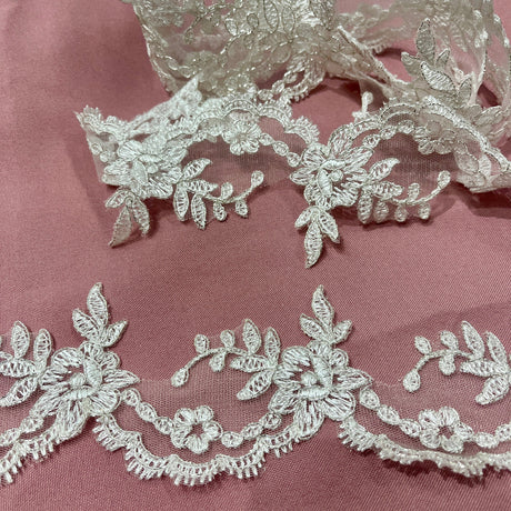 1 Yard Corded Lace Trimming Embroidered on 100% Polyester Net Mesh 3" Wide