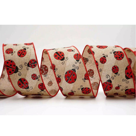 Ladybug Themed Natural Wired Ribbon 2.5" Width 10 Yards of Fun