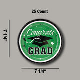 25 Count Green Congrats Grad Solid Color Paper Dessert Plates 7 1/4" Disposable Supplies