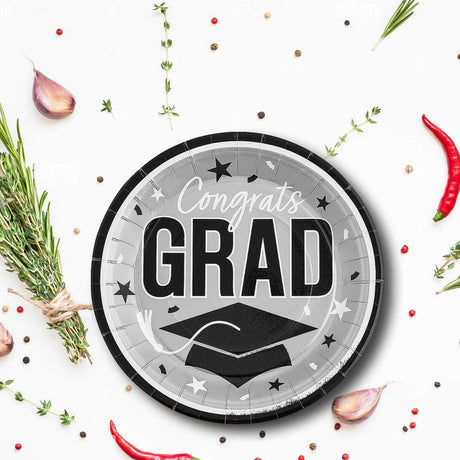 25 Count Silver Congrats Grad 9 Inch Round Plates for Elegant Graduation Party Decor