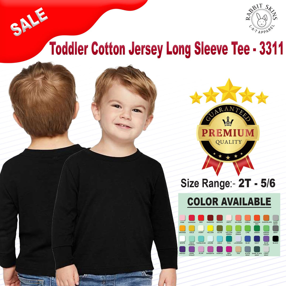 RADYAN® Toddler Cotton Jersey Crewneck Long Sleeve Tee - 3311