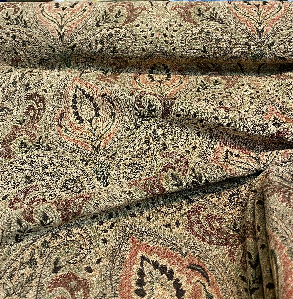 Madison Chutney Chenille Fabric - Heavy Damask, Greens And Reds, 54" Width (1 Yard)