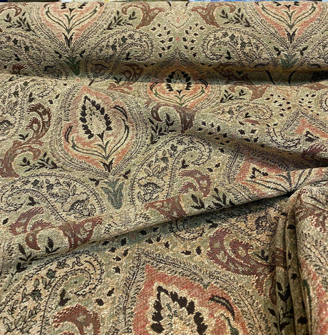 Madison Chutney Chenille Fabric - Heavy Damask, Greens And Reds, 54" Width (1 Yard)