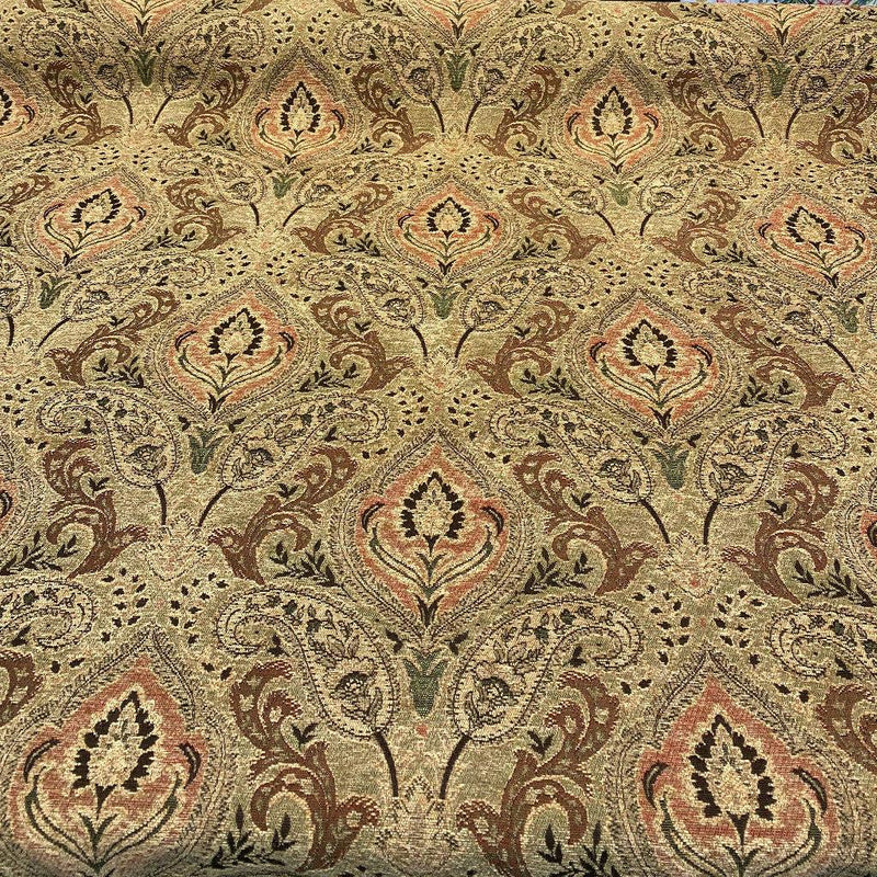 Madison Chutney Chenille Fabric - Heavy Damask, Greens And Reds, 54" Width (1 Yard)
