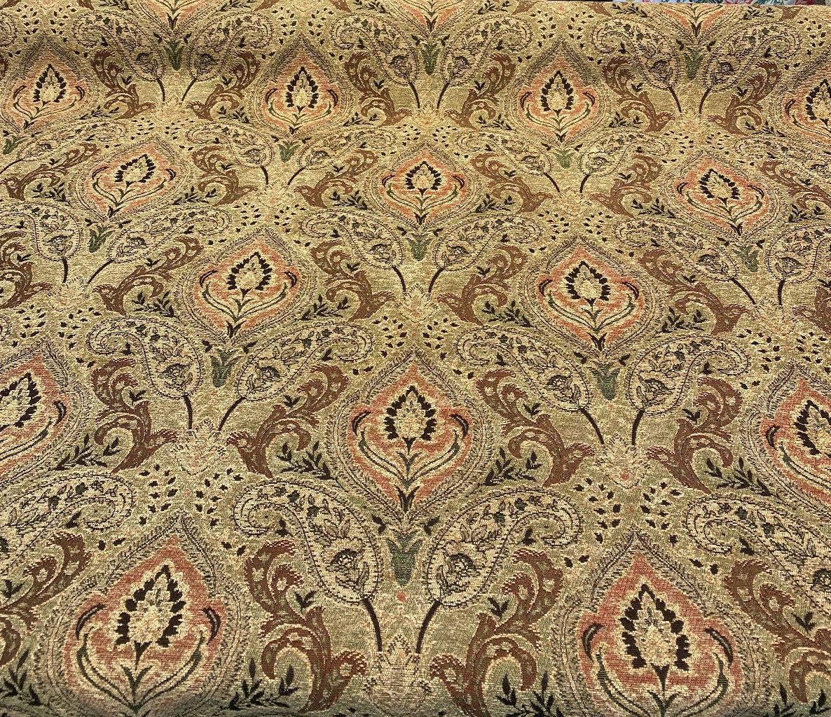 Madison Chutney Chenille Fabric - Heavy Damask, Greens And Reds, 54" Width (1 Yard)
