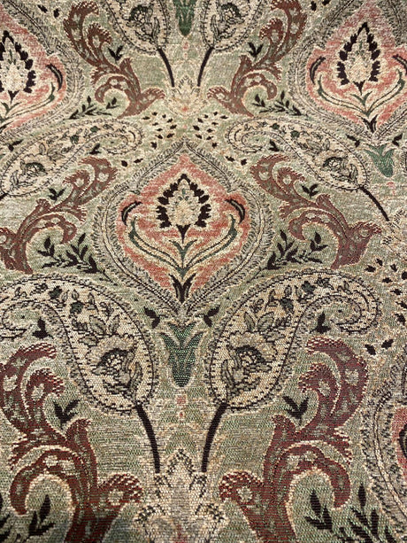 Madison Chutney Chenille Fabric - Heavy Damask, Greens And Reds, 54" Width (1 Yard)