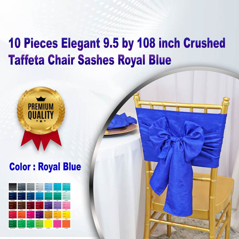 10 Pieces Elegant 9.5x108 inch Crushed Taffeta Chair Sashes Royal Blue
