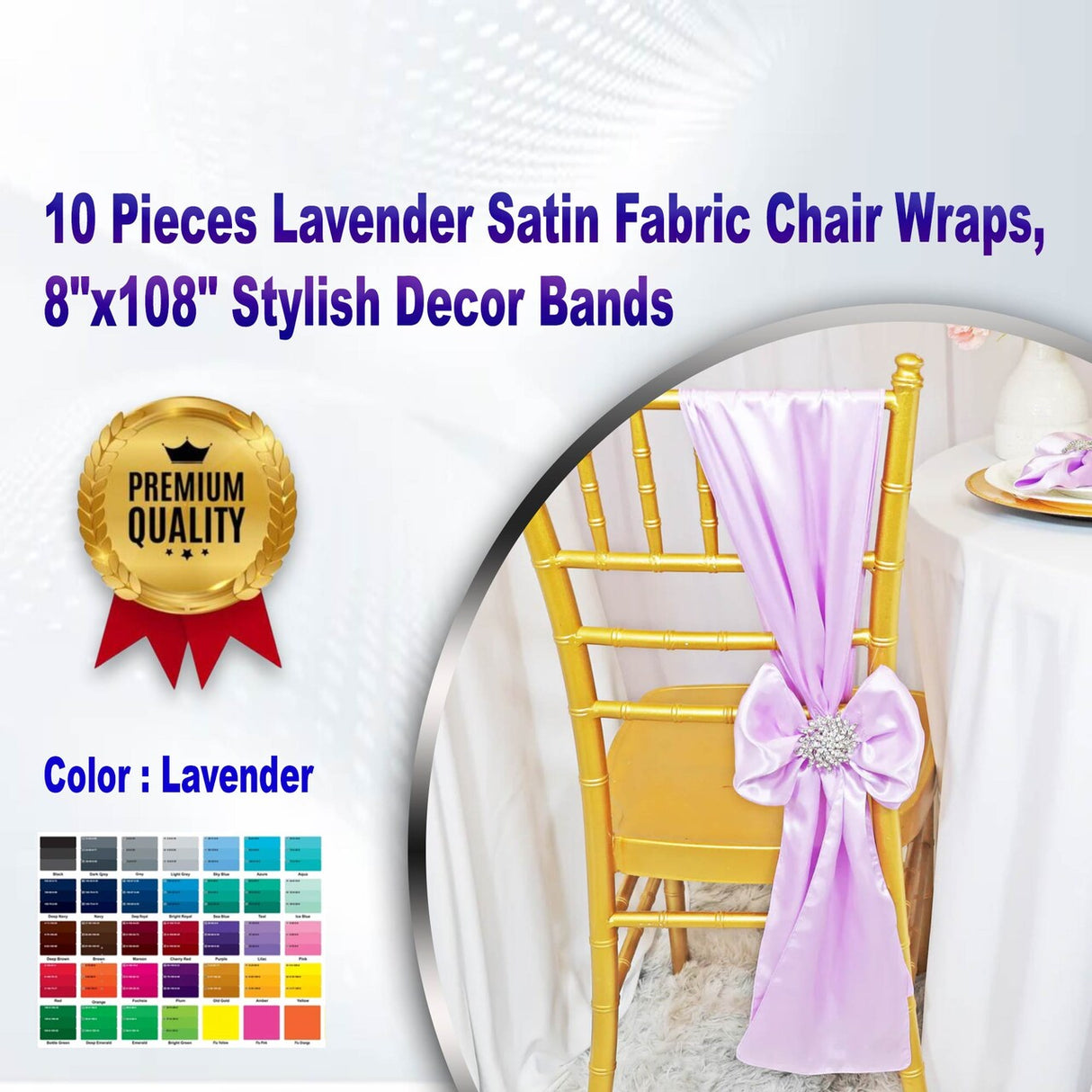 10 Pieces Lavender Satin Fabric Chair Wraps, 8"x108" Stylish Decor Bands