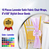 10 Pieces Lavender Satin Fabric Chair Wraps, 8"x108" Stylish Decor Bands