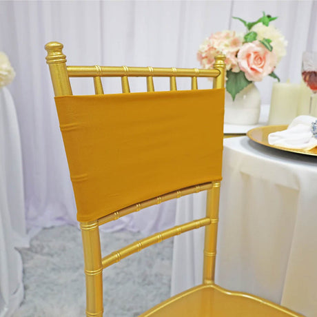 10 Pieces Gold Spandex Chair Bands Double Layered for Weddings and Events 7x13 inches