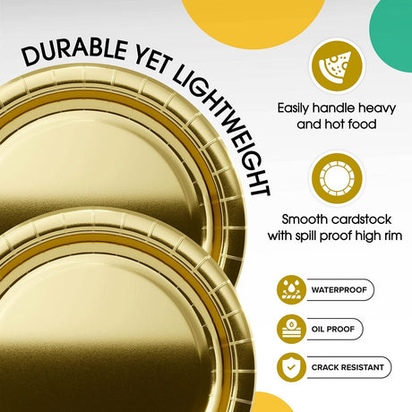 100 Count Reflective Gold Paper Plates Elegant Disposable Dinnerware for Weddings and Parties 9 Inch