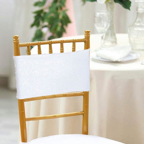 10 Pieces Sparkling White Sequin Stretch Spandex Chair Bands 7 x 13 Inches