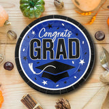 Blue 9 Inch Graduation Party Plates 25 Count with Congrats Grad Print for School Celebrations