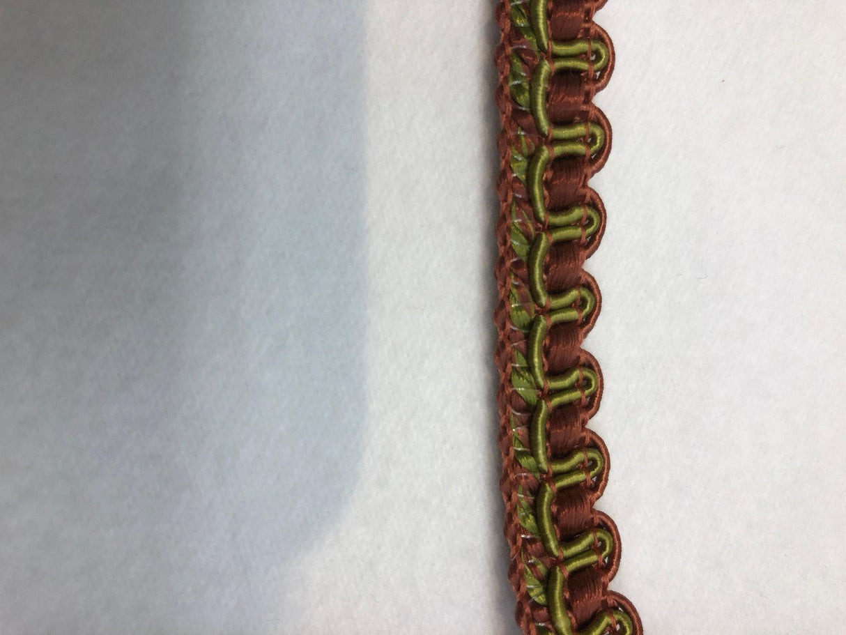 Decorative Scroll Style Braid Gimp Trim - Rust With Green, Half Inch Width (10 Yards)