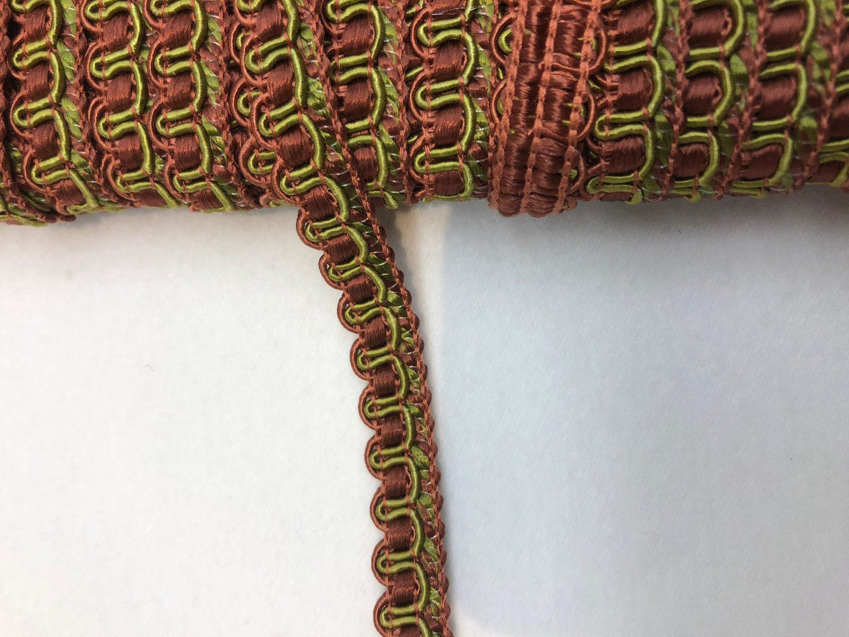 Decorative Scroll Style Braid Gimp Trim - Rust With Green, Half Inch Width (10 Yards)