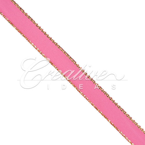 3/8" Satin With Gold Edge Ribbon- 50 Yards (Hot Pink)