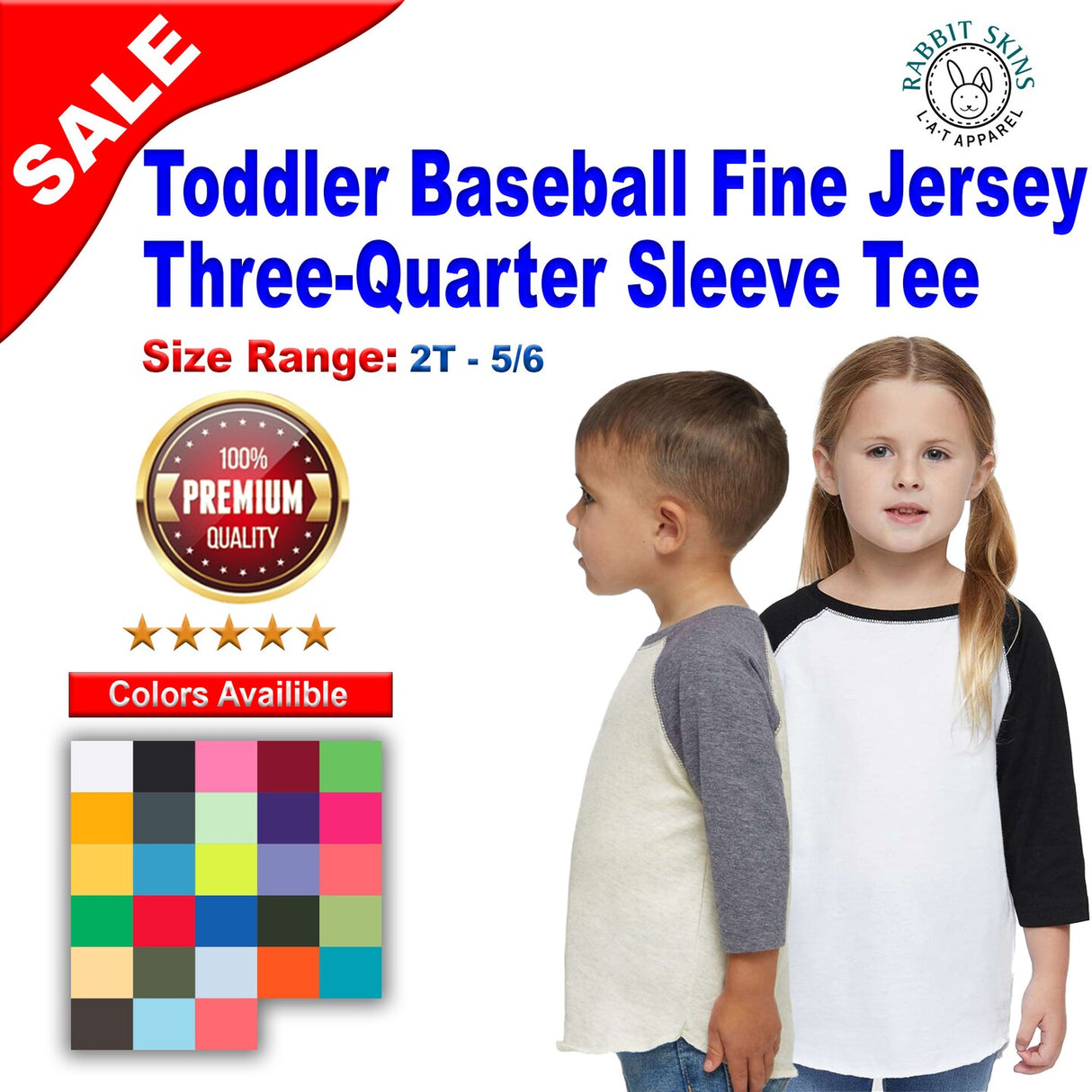 RADYAN® Toddler Baseball Fine Jersey Three Quarter Sleeve Tee - 3330