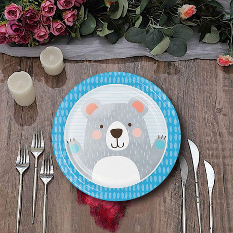 8 Ct. Blue Happy Bear Paper Dinner Plates Cute Bear-Themed Tableware for Baby Showers & Birthdays