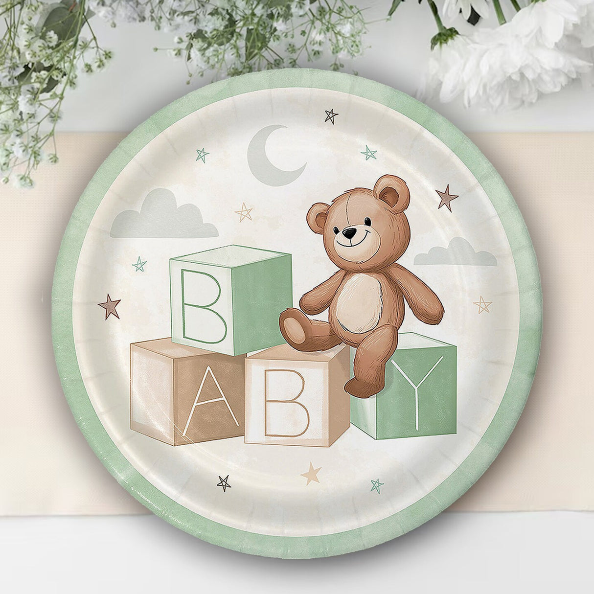 8 Ct. Teddy Bear Paper Dinner Plates with Green Trim 9" Baby Shower Party Plates