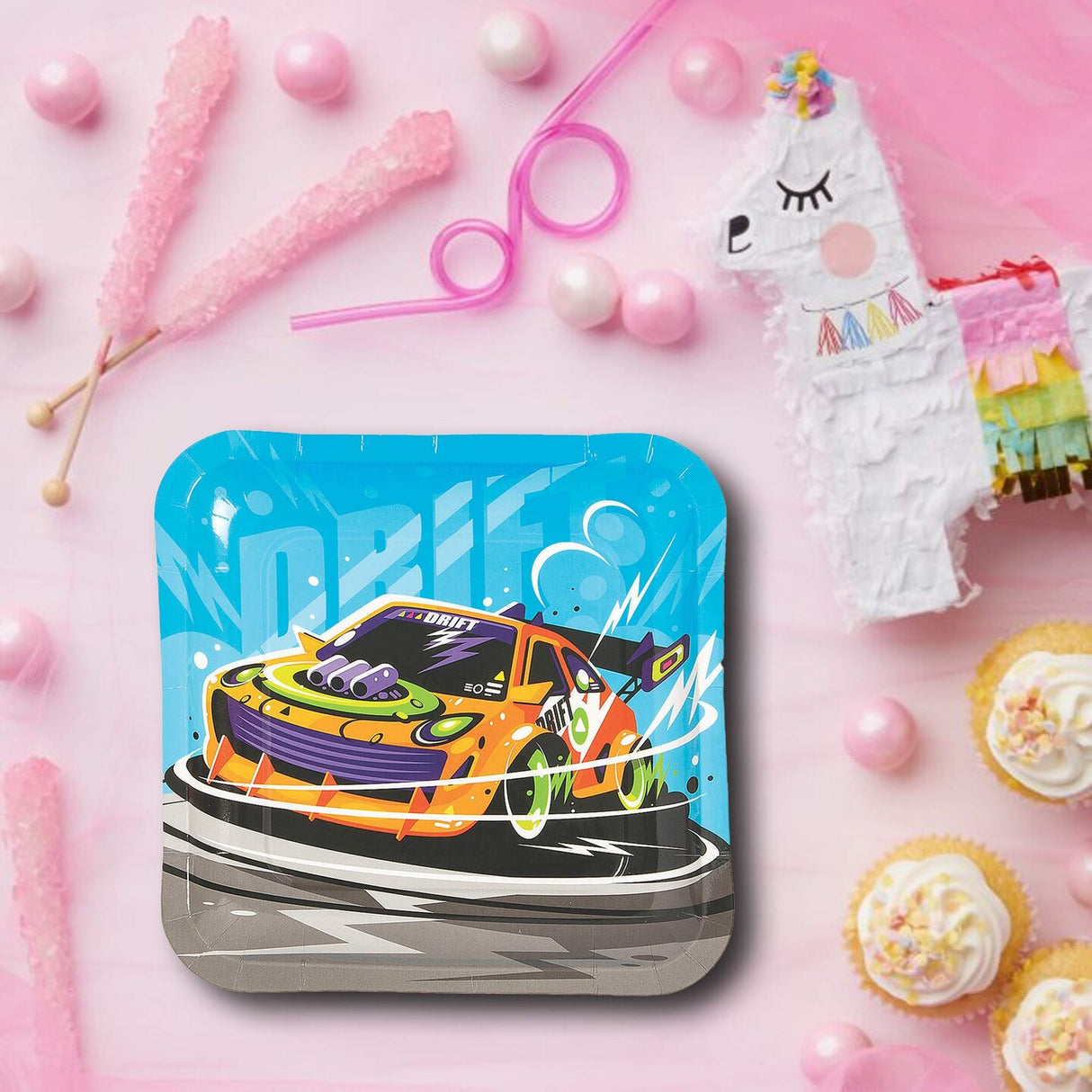 8 Count Orange Race Car Square Paper Dinner Plates 9" Kids Birthday Party