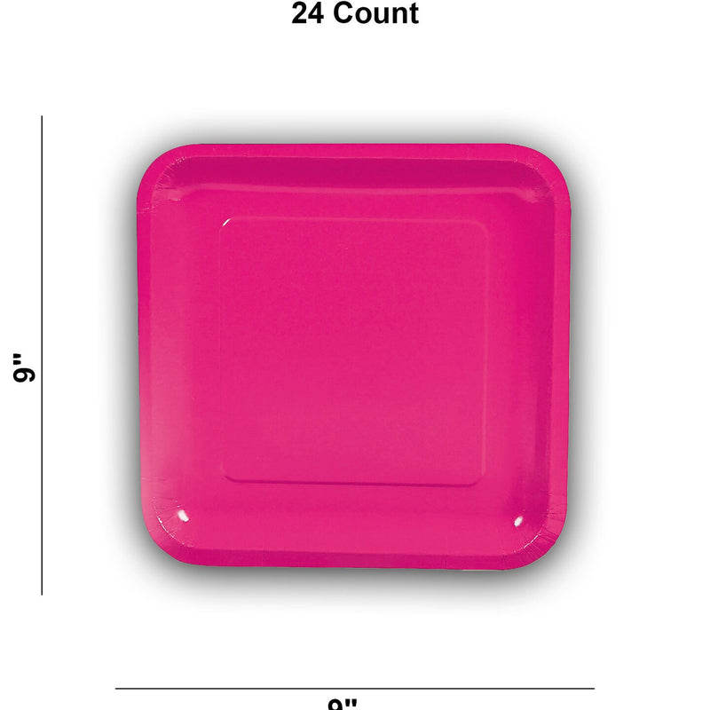 24 Count Hot Pink Square Paper Dinner Plates 9" Disposable Party Tableware