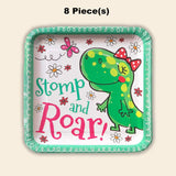 8 Ct. Girl Dinosaur Party Stomp and Roar Pink Paper Dinner Plates Durable Disposable 9" Plates for Kids’ Birthday Party