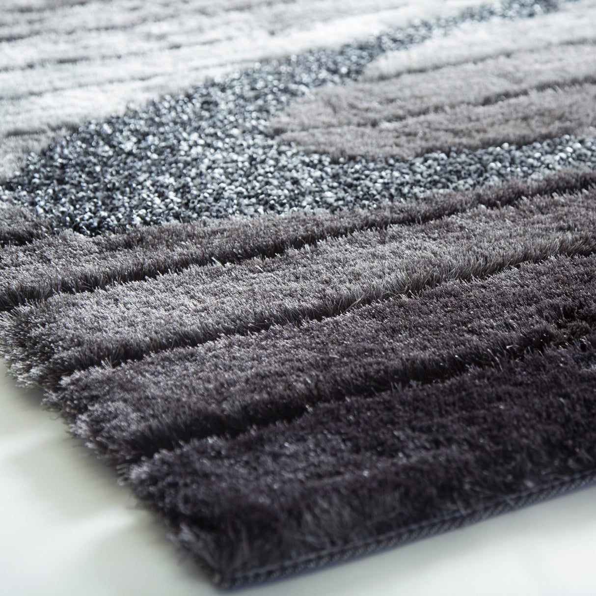 Soft Plush Fluffy Multi-Textural Design Shag Rug - Silver Gray Black, 1.5" High Pile, 7'6" X 10'3" (1 Piece)