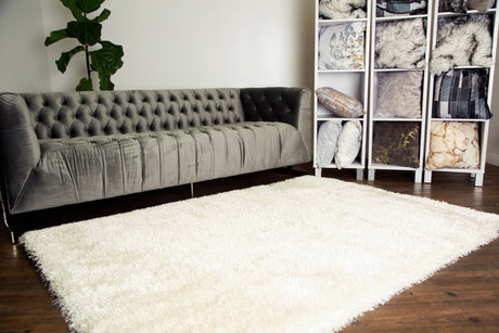 Off White Solid Shag Area Rug/Carpet Polyester Fabric - Off White, Plush Fluffy Shine, Thick And Thin Yarns Design, 7'6" X 10'3" (1 Piece)