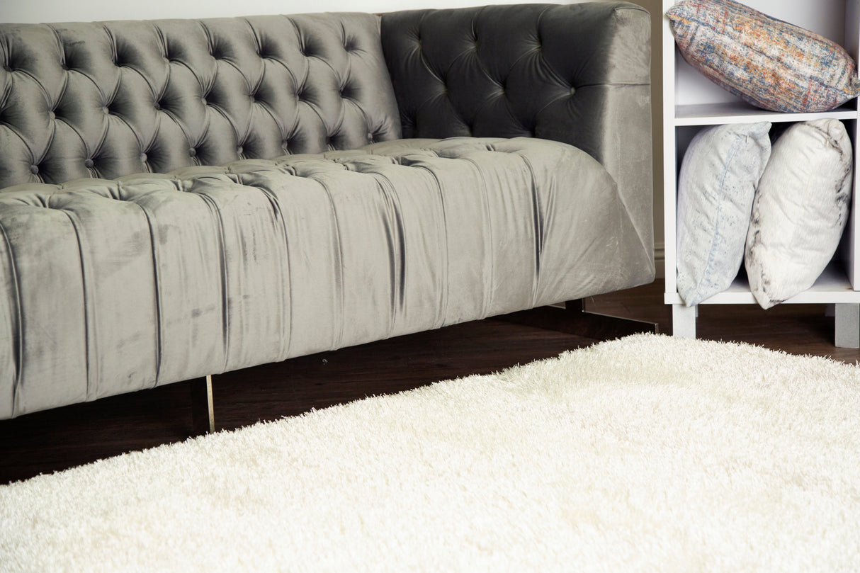 Off White Solid Shag Area Rug/Carpet Polyester Fabric - Off White, Plush Fluffy Shine, Thick And Thin Yarns Design, 7'6" X 10'3" (1 Piece)