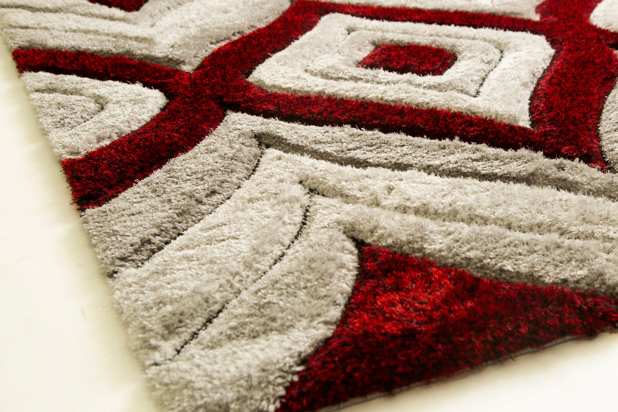 SR-721 Polyester Fabric - Plush Fluffy Shine 3D Geometric Design, Red/Silver/Yellow, 2' X 3", 5' 3" X 7' 5", 7' 6" X 10' 3" (1 Rug)