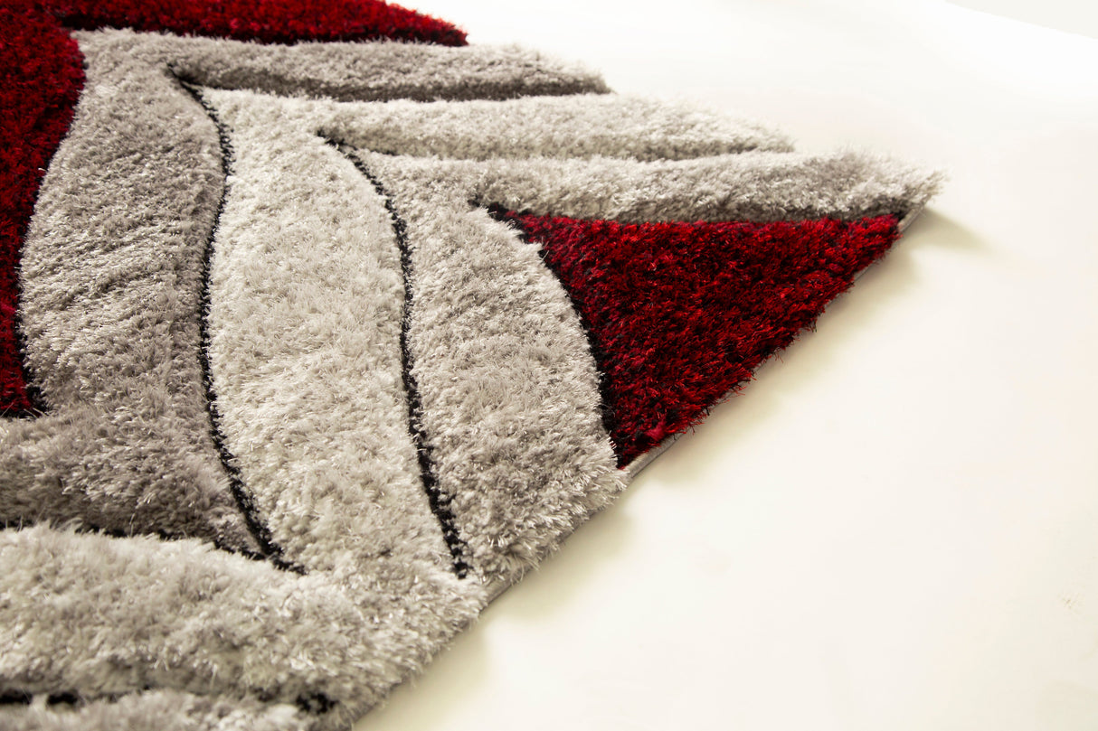 SR-721 Polyester Fabric - Plush Fluffy Shine 3D Geometric Design, Red/Silver/Yellow, 2' X 3", 5' 3" X 7' 5", 7' 6" X 10' 3" (1 Rug)