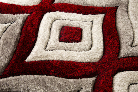SR-721 Polyester Fabric - Plush Fluffy Shine 3D Geometric Design, Red/Silver/Yellow, 2' X 3", 5' 3" X 7' 5", 7' 6" X 10' 3" (1 Rug)
