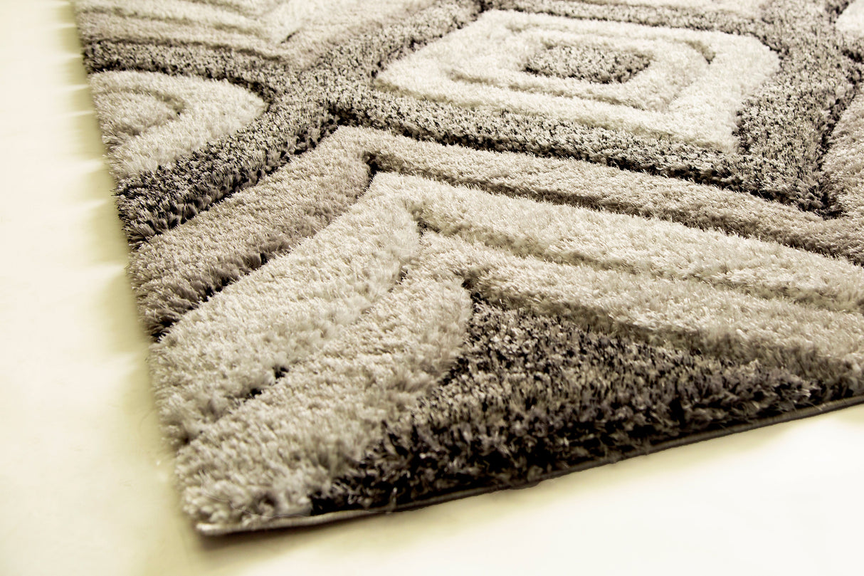 SR-721 Polyester Fabric - Plush Fluffy Shine 3D Geometric Design, Red/Silver/Yellow, 2' X 3", 5' 3" X 7' 5", 7' 6" X 10' 3" (1 Rug)