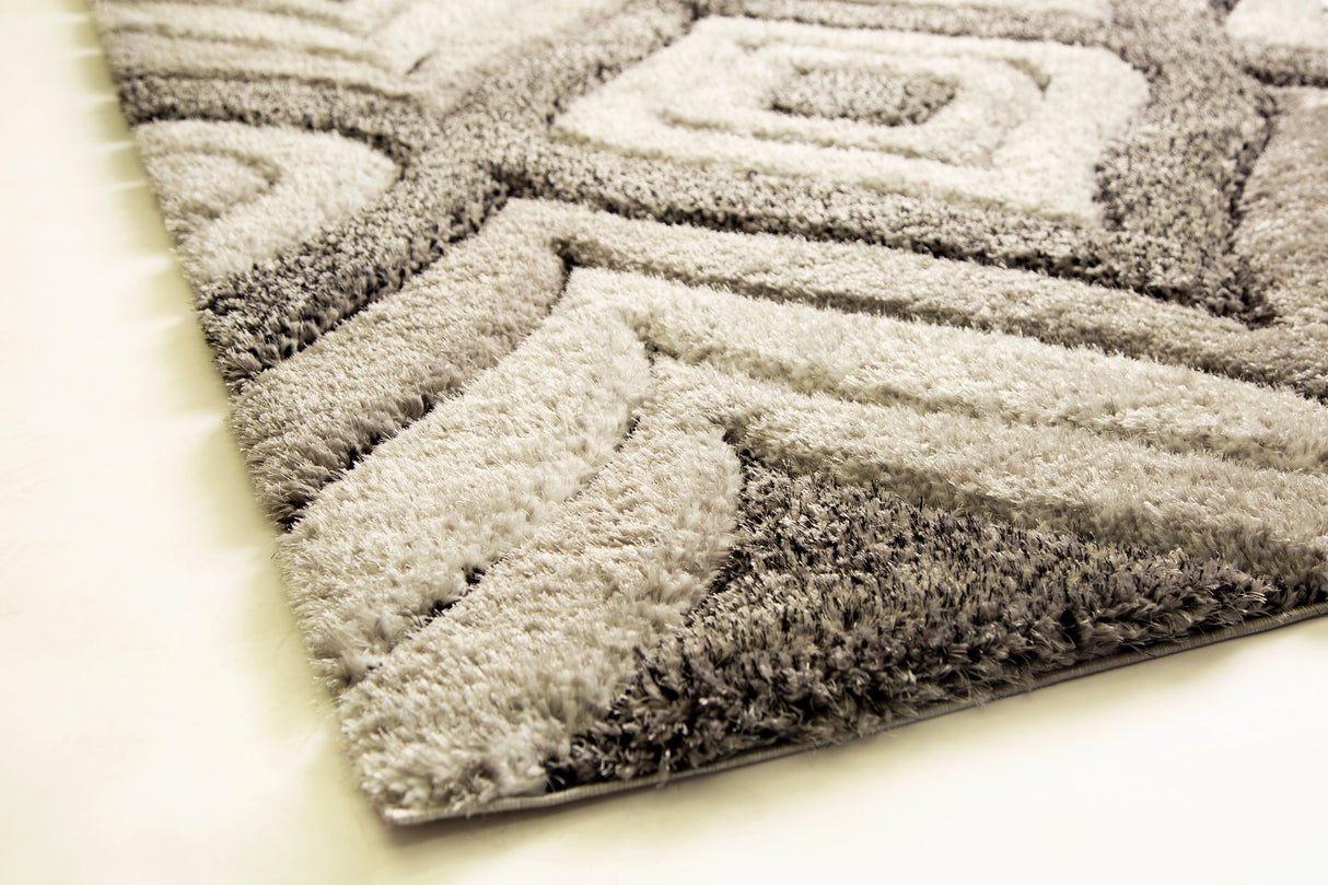 SR-721 Polyester Fabric - Plush Fluffy Shine 3D Geometric Design, Red/Silver/Yellow, 2' X 3", 5' 3" X 7' 5", 7' 6" X 10' 3" (1 Rug)