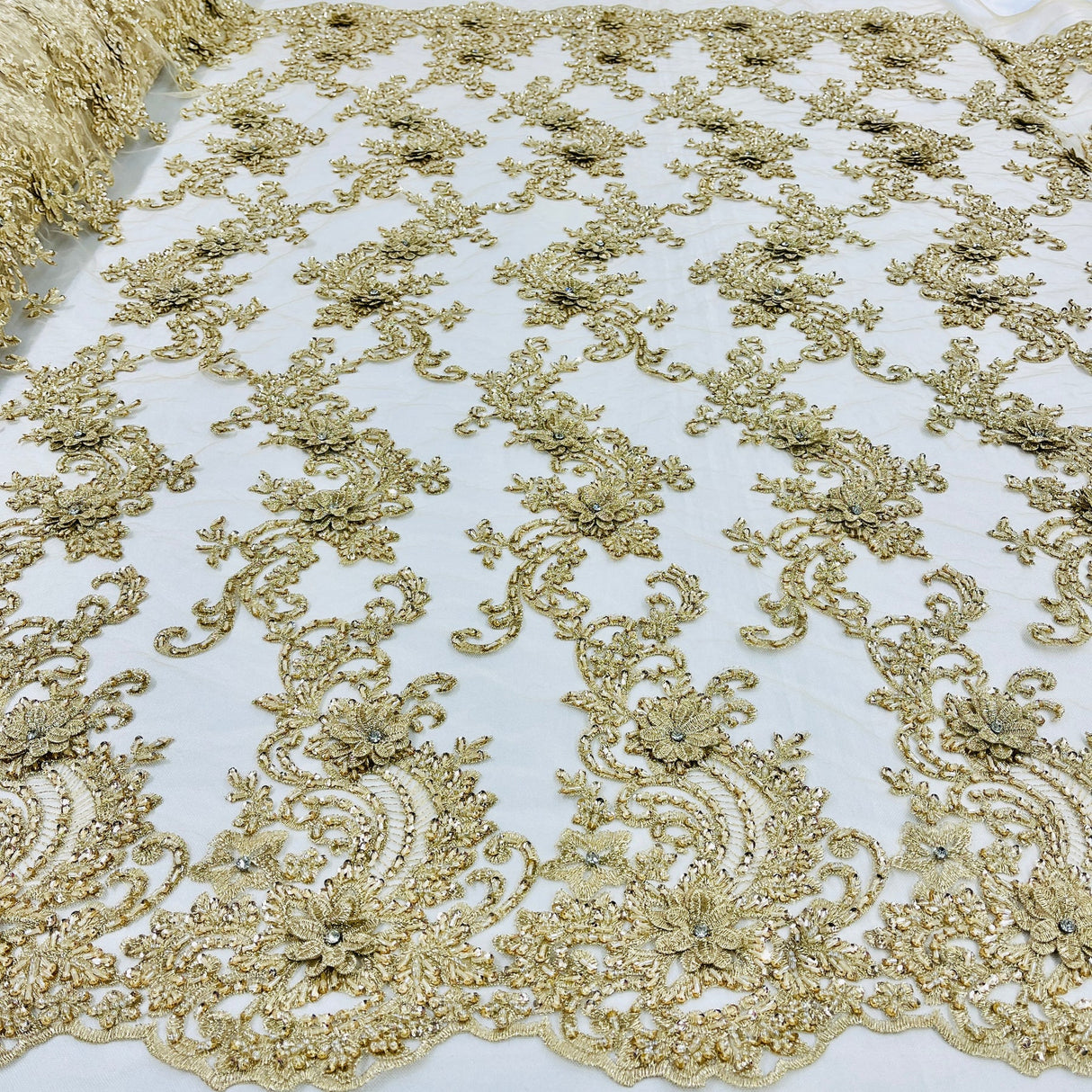1 Yard Beaded 3D Floral Lace Fabric on Polyester Net Mesh, Dusty Rose, 52" Wide, Elegant Embroidered Lace Fabric