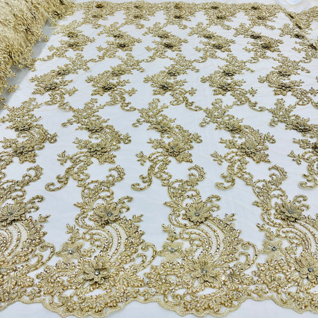 Beaded 3D Floral Lace Fabric - Embroidered 100 Percent Polyester Net Mesh, 3D Floral Beaded Design, 52" Wide (1 Yard)